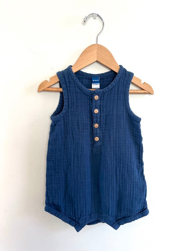 old navy blue waffle romper 18-24m