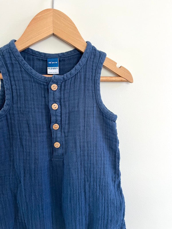 old navy blue waffle romper 18-24m
