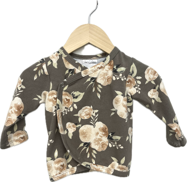 jax + lennon taupe floral wrap shirt 6-12m
