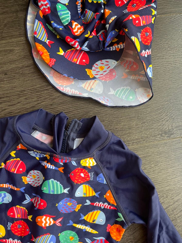 navy fish rashguard with hat 18-24m