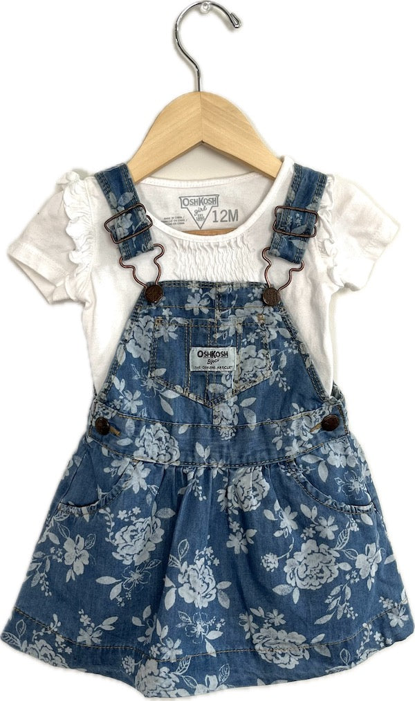 oshkosh floral denim overall dress and shirt 9-12m