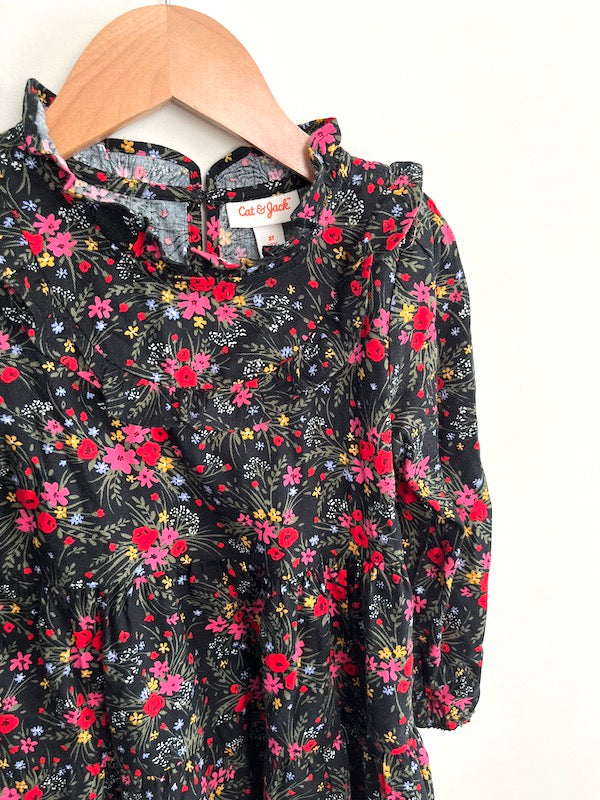 cat & jack black long sleeve dress red pink floral 3T