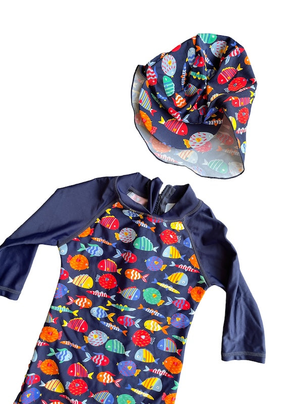 navy fish rashguard with hat 18-24m